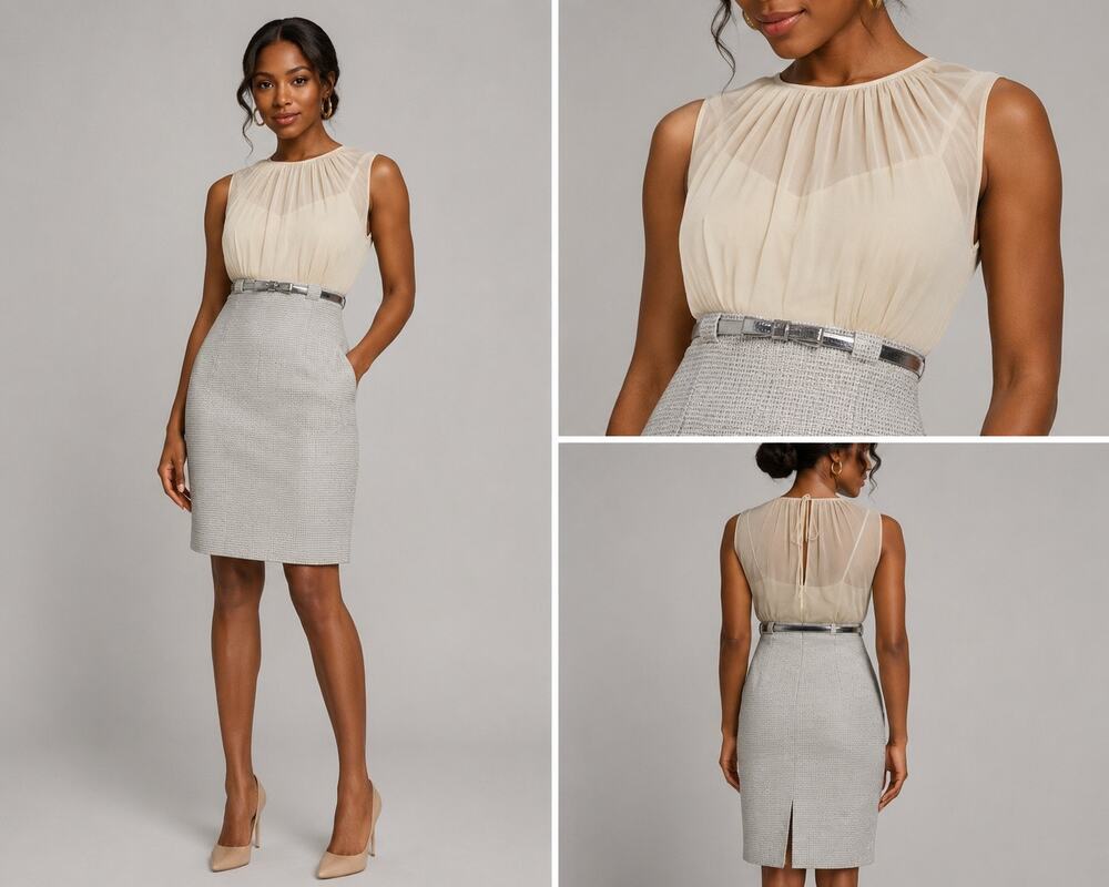 Antonio Melani Sheath Dress Size 0 Ivory Tweed Chiffon Sleeveless Belted Career